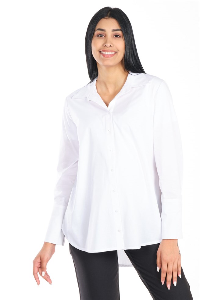 Busa Hamile Önü Kısa Arkası Uzun Yandan Yırtmaçlı Gömlek Beyaz