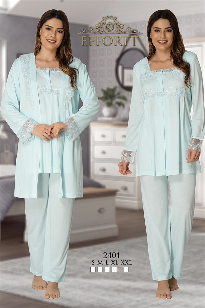 Effortt 2401 Turquoise Color Maternity Pajama and Robe Set