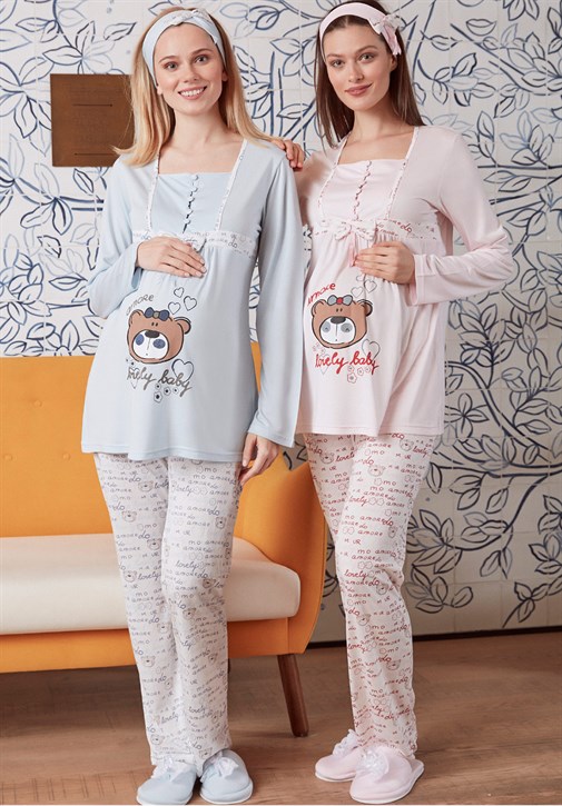 Mecit 5016 Ayıcık Desenli Uzun Kollu Lohusa Pijama Takımı