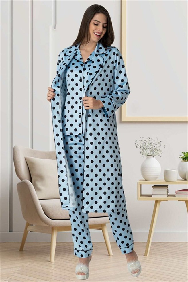 Carpediem 1552 Mavi Saten Sabahlıklı  Lohusa Pijama Takımı