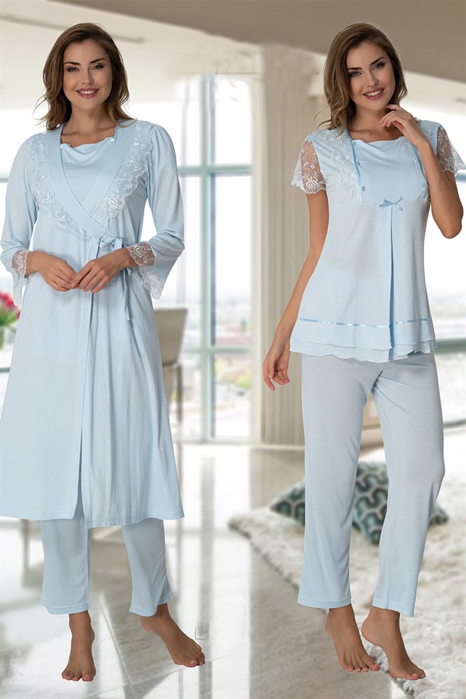 Effortt 2054 Mavi Dantel Detaylı Sabahlıklı Lohusa Pijama Takımı