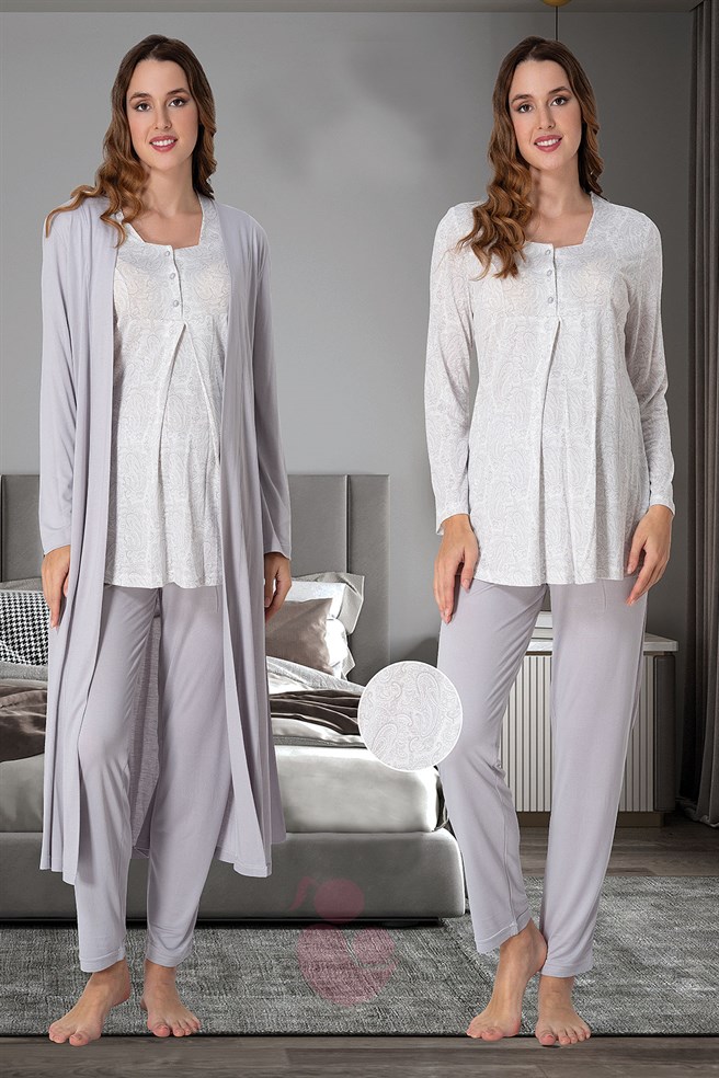 Effortt 9074 Gri Uzun Sabahlıklı Lohusa Pijama Takımı