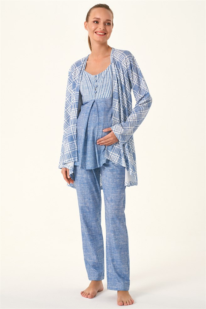 Feyza 4480 Mavi Sabahlıklı Lohusa Pijama Takımı