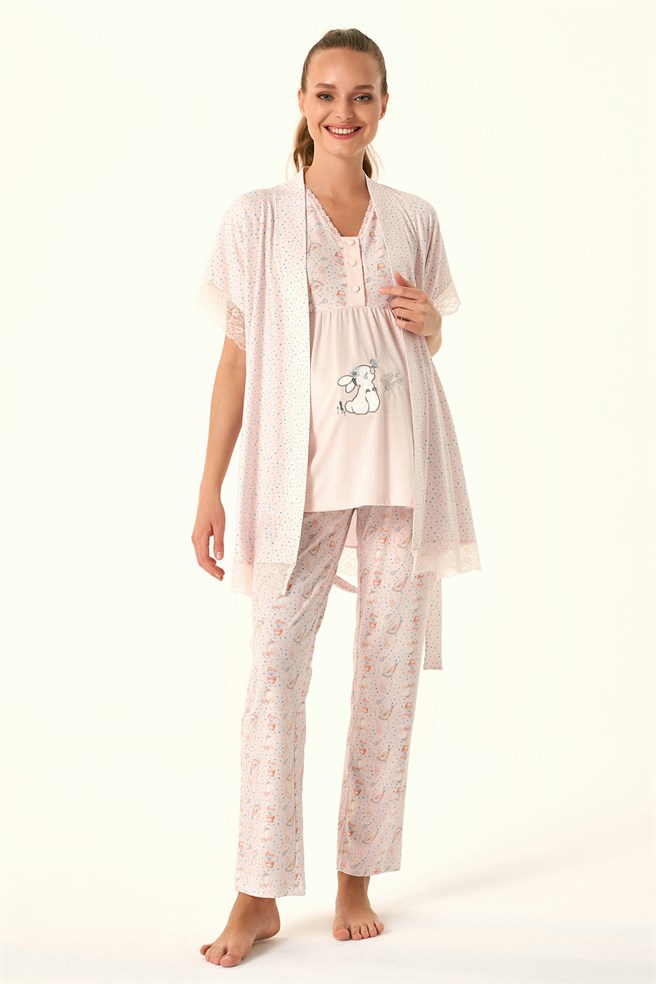 Feyza 4483 Pembe Kolları Dantel Detaylı Sabahlıklı Lohusa Pijama Takımı