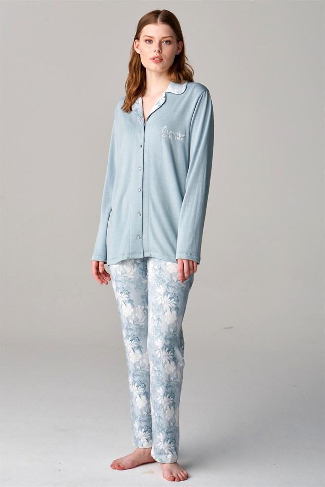 Feyza 4684 Mavi Önden Düğmeli Lohusa Pijama Takımı