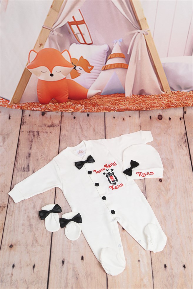Personalized Beşiktaş Coat of Arms Embroidered 3 Pieces Baby Rompers Set-3049