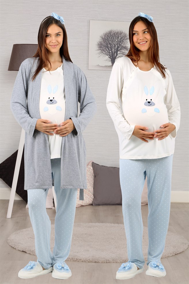 Lohusahamile 30900 Mavi Tavşan Desenli Gri Sabahlıklı Lohusa Pijama Takımı