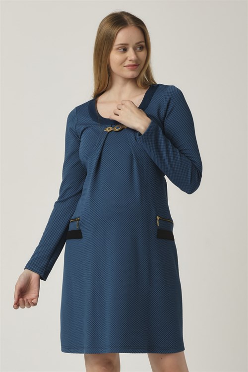 Busa Hamile Aksesuar Yakalı Arka Bağcıklı Mini Elbise Mavi
