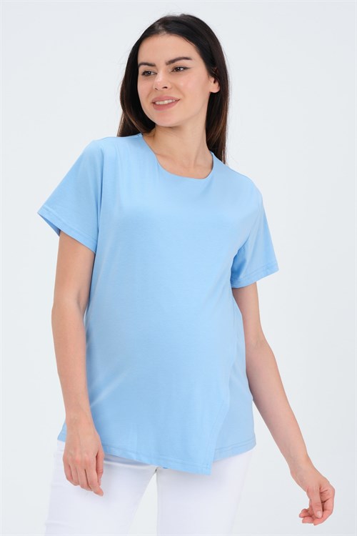 Busa Hamile Asimetrik Kesim Emzirme Detaylı Kısa Kollu T-Shirt Mavi