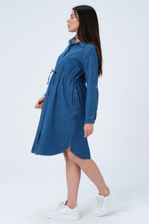Busa Hamile Belden Ayarlı Önden Düğmeli Kot Elbise Mavi