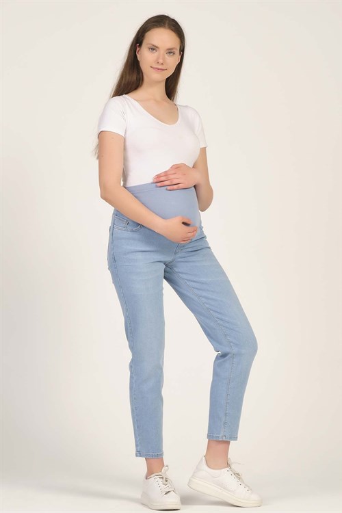 Busa Hamile Karnı Saran Esnek Bantlı Mom Fit Kot Pantolon Açık Mavi