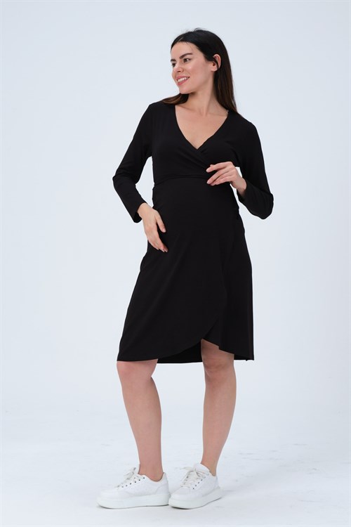 Busa Hamile Önden Bağcıklı Kolay Giyilebilir Uzun Kollu Penye Elbise Siyah
