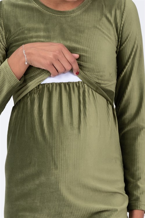 Busa Hamile Önden Emzirme Detaylı Kadife Elbise Yeşil