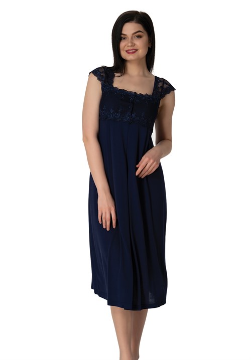 Effortt 2304 Navy Blue Lace Detailed Maternity Nightgown Set