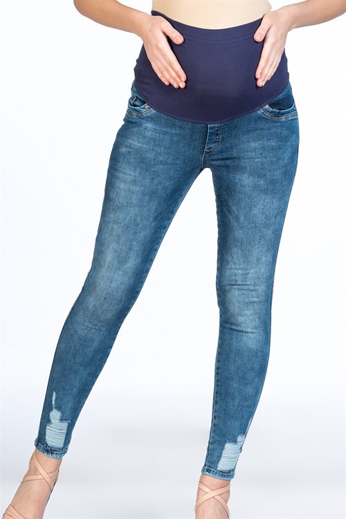 Hamile Kot Pantolon Skinny Paça Yırtık Model Mavi