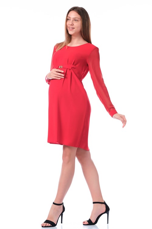 Hamile Taşlı Yuvarlak Yaka Mini Abiye Elbise Kırmızı