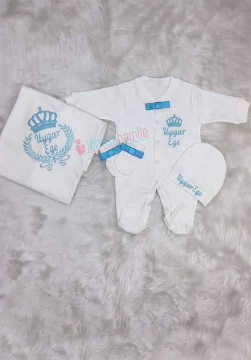Personalized Turquoise Taç Embroidered 4-Piece Baby Rompers Set-4021