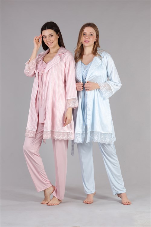Bone 5401 Çizgi Geçişli Dantel Sabahlıklı Lohusa Pijama Takımı