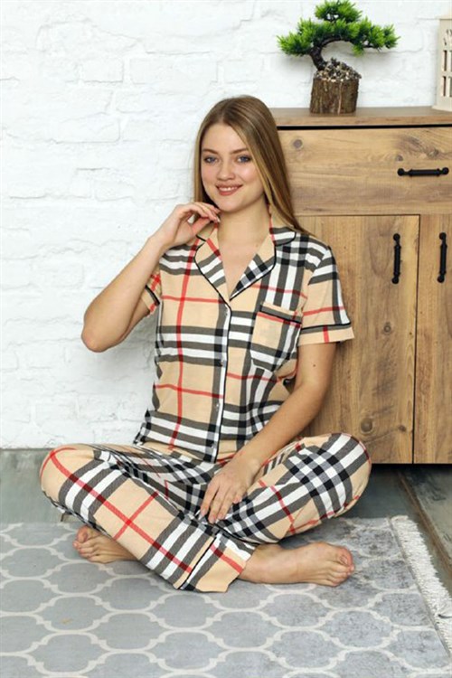 Check Stil Önden Düğmeli Lohusa Pijama Takımı