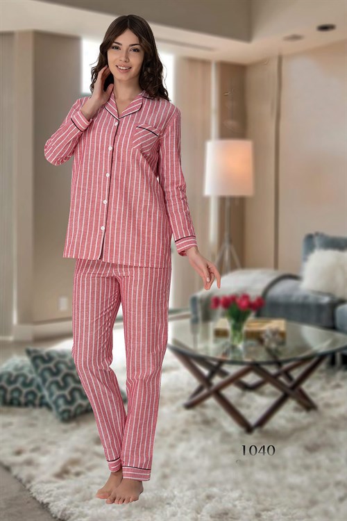 Effortt 1040 Çizgili Önden Düğmeli Lohusa Pijama Takımı