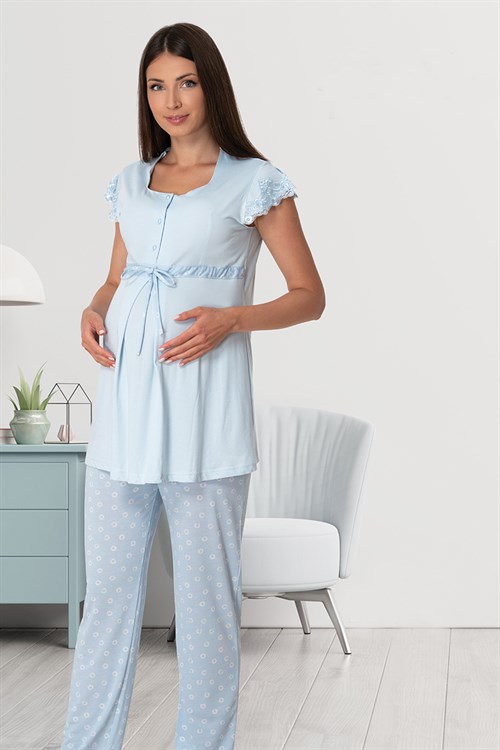 Effortt 6012 Mavi Dantel Detaylı Lohusa Pijama Takımı