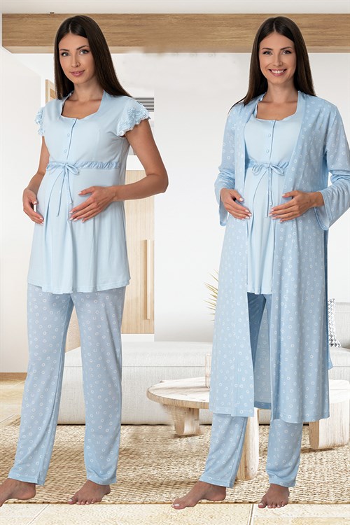 Effortt 6014 Mavi Sabahlıklı Lohusa Pijama Takımı