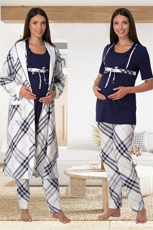 Effortt 6024 Lacivert Emzirme Özellikli Sabahlıklı Lohusa Pijama Takımı