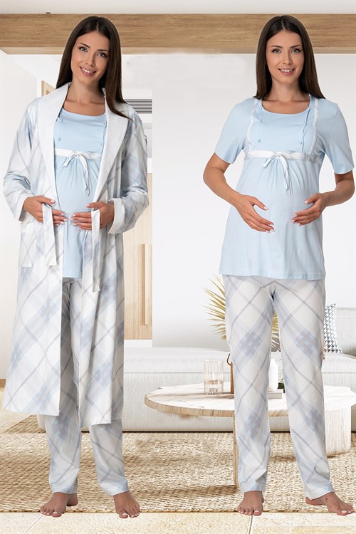 Effortt 6024 Mavi Emzirme Özellikli Sabahlıklı Lohusa Pijama Takımı