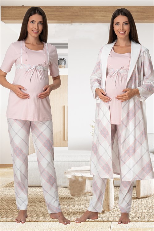 Effortt 6024 Pudra Emzirme Özellikli Sabahlıklı Lohusa Pijama Takımı