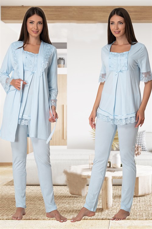Effortt 6034 Mavi Emzirme Özellikli Sabahlıklı Lohusa Pijama Takımı
