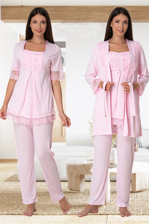Effortt 6034 Pembe Emzirme Özellikli Sabahlıklı Lohusa Pijama Takımı