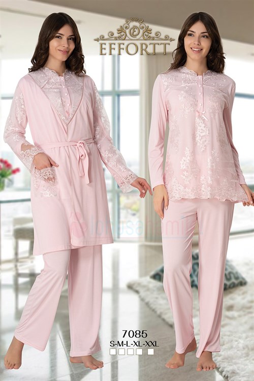 Effortt 7085 Pudra Fransız Lez Dantelli Sabahlıklı Hamile Pijama Takımı