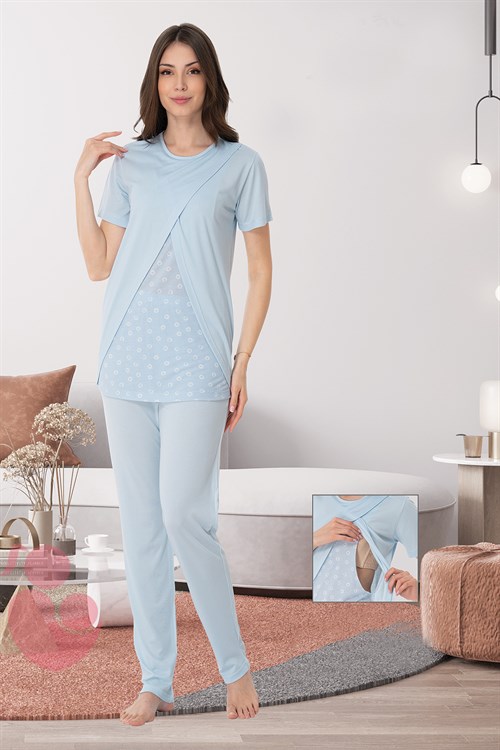 Effortt 8048 Mavi Gizli Emzirme Özellikli Lohusa Pijama Takımı