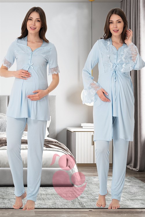 Effortt 9014 Pudra Kolları Dantel Detaylı Sabahlıklı Lohusa Pijama Takımı