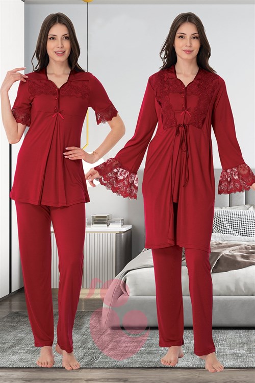 Effortt 9014 Pudra Kolları Dantel Detaylı Sabahlıklı Lohusa Pijama Takımı