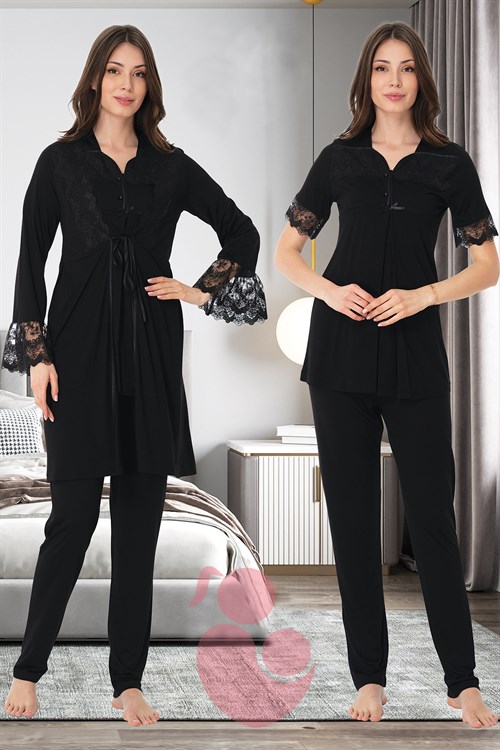 Effortt 9014 Siyah Kolları Dantel Detaylı Sabahlıklı Lohusa Pijama Takımı