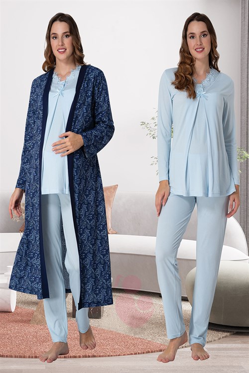Effortt 9058 Mavi Desenli Sabahlıklı Lohusa Pijama Takımı