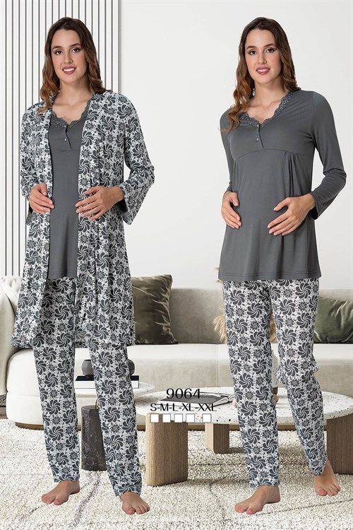 Effortt 9064 Füme Desen Sabahlıklı Lohusa Pijama Takımı