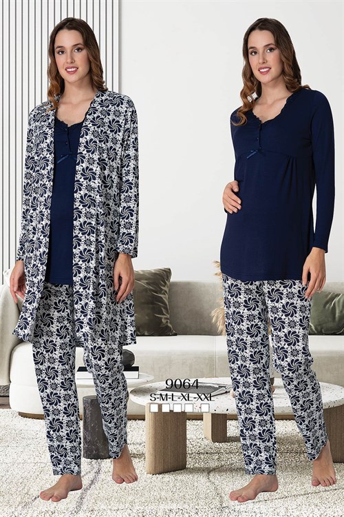 Effortt 9064 Lacivert Desen Sabahlıklı Lohusa Pijama Takımı