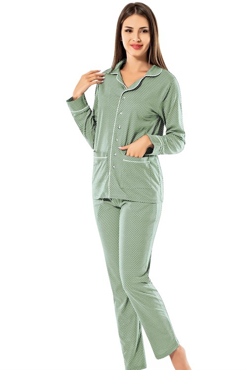 Erdem 8607 Yeşil Puanlı Önden Düğmeli Lohusa Pijama Takımı