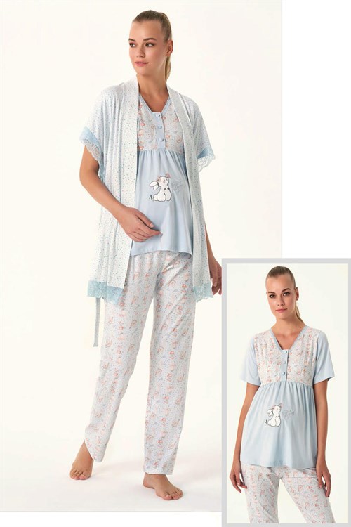 Feyza 4483 Mavi Kolları Dantel Detaylı Sabahlıklı Lohusa Pijama Takımı