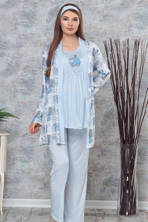 Haluk Bayram 3715 My Baby Mavi Sabahlıklı Lohusa Pijama Takımı