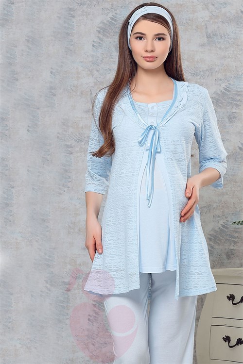 Haluk Bayram 3716 Mavi Grande Sabahlıklı Lohusa Pijama Takımı