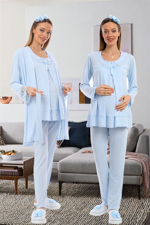 Lohusa Hamile 1084 Mavi Yaka Detaylı Gizli Emzirme Özellikli Sabahlıklı Lohusa Pijama Takımı
