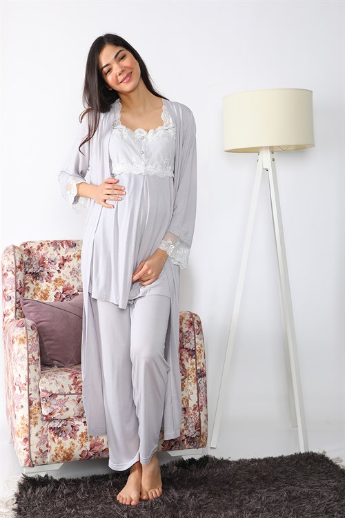 Lohusa Hamile 2501 Gri Uzun Sabahlıklı Lohusa Pijama Takımı