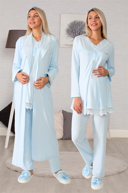 Lohusa Hamile 6034 Mavi Uzun Sabahlıklı Lohusa Pijama Takımı