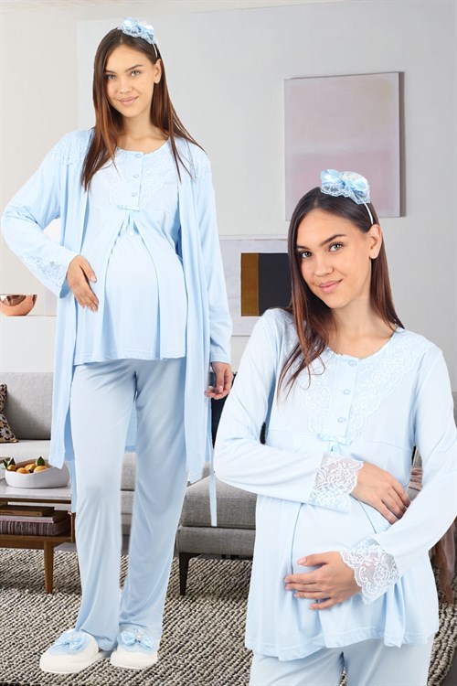 Lohusahamile 30400 Mavi Sabahlıklı Dantelli Lohusa Pijama Takımı