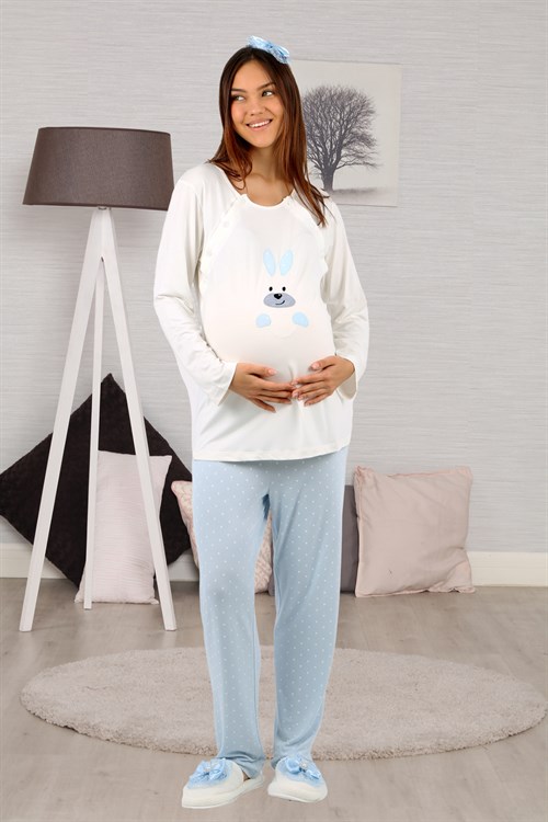 Lohusahamile 30900 Mavi Tavşan Desenli Gri Sabahlıklı Lohusa Pijama Takımı