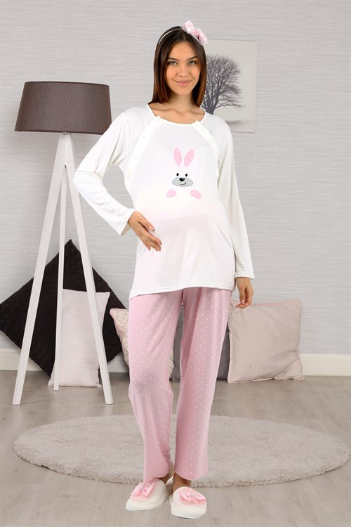 Lohusahamile 30900 Pembe Tavşan Desenli Gri Sabahlıklı Lohusa Pijama Takımı