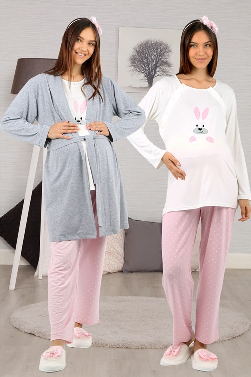 Lohusahamile 30900 Pembe Tavşan Desenli Gri Sabahlıklı Lohusa Pijama Takımı